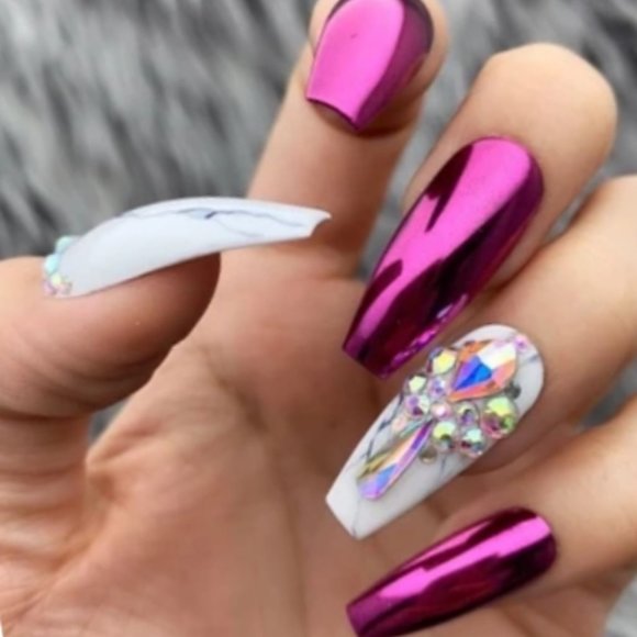 Handmade Hard Gel Mirror Chrome & Marble Press On Nails - Picture 1 of 6